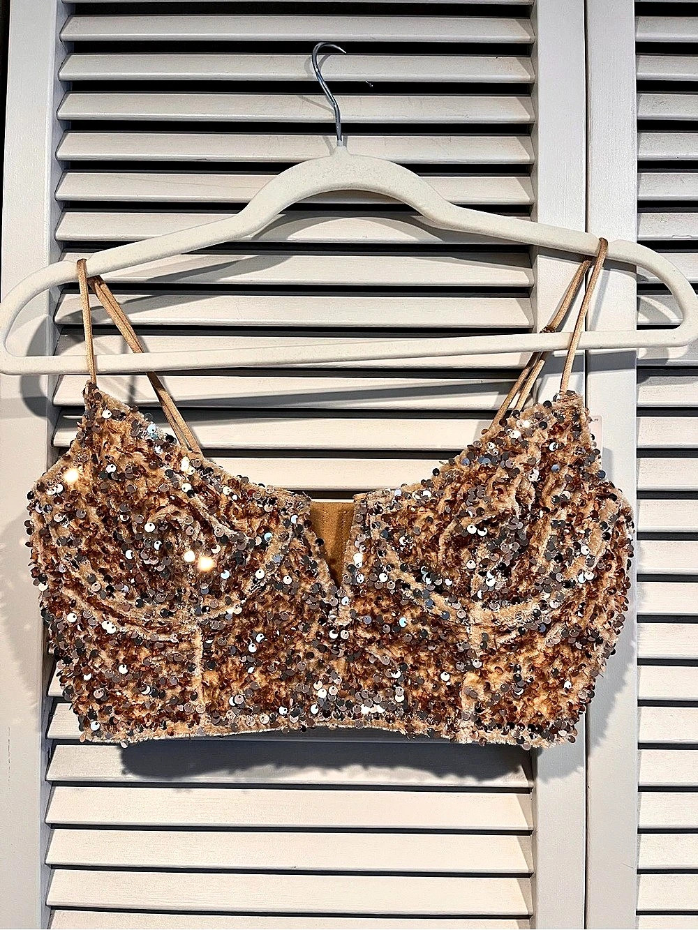 Anthropologie Sequin and Velvet Golden Bralette in Creamy Brown & Gold Sparkle S